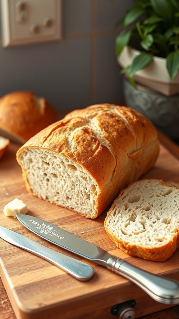 Freshly baked sourdough sandwich bread loaf on a wooden board, sliced to show soft interior.